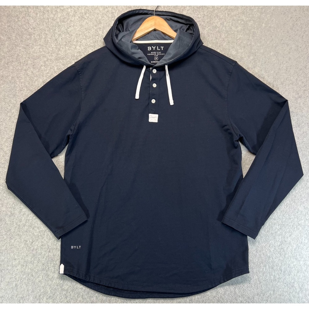 BYLT Basics‎ Mens Drop-Cut Henley Hoodie Black Lux Blend 3-Button Long Sleeve XL